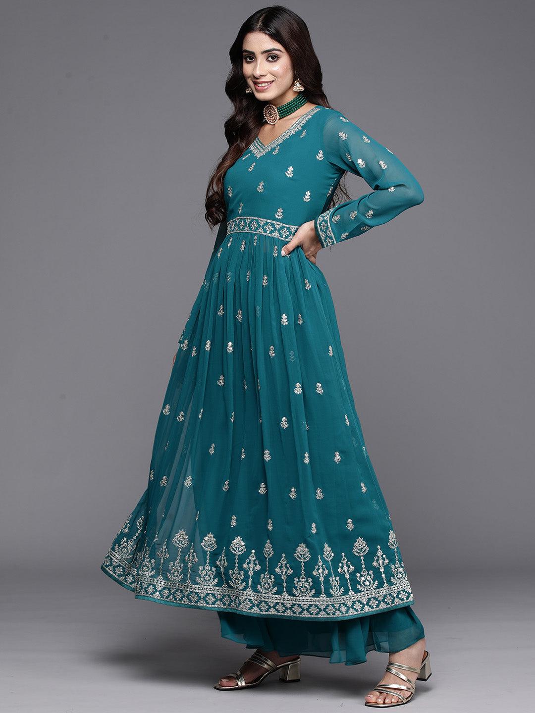 Turquoise Embroidered Georgette A-Line Kurta With Palazzos & Dupatta - Libas 