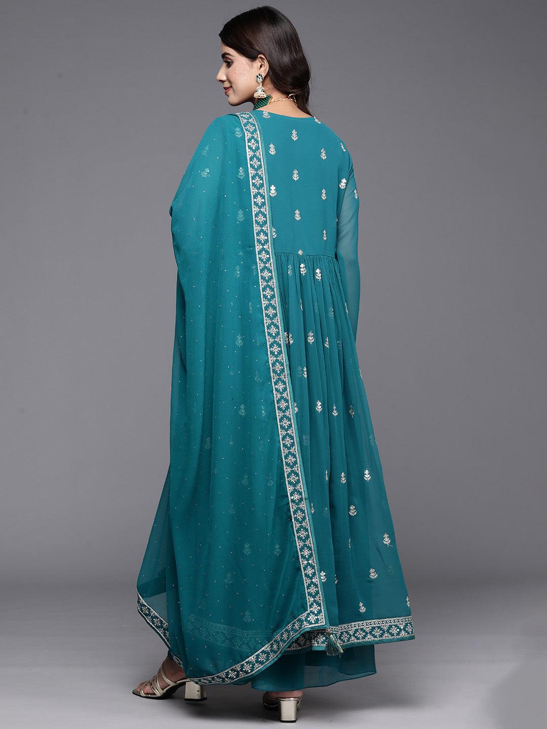 Turquoise Embroidered Georgette A-Line Kurta With Palazzos & Dupatta - Libas 