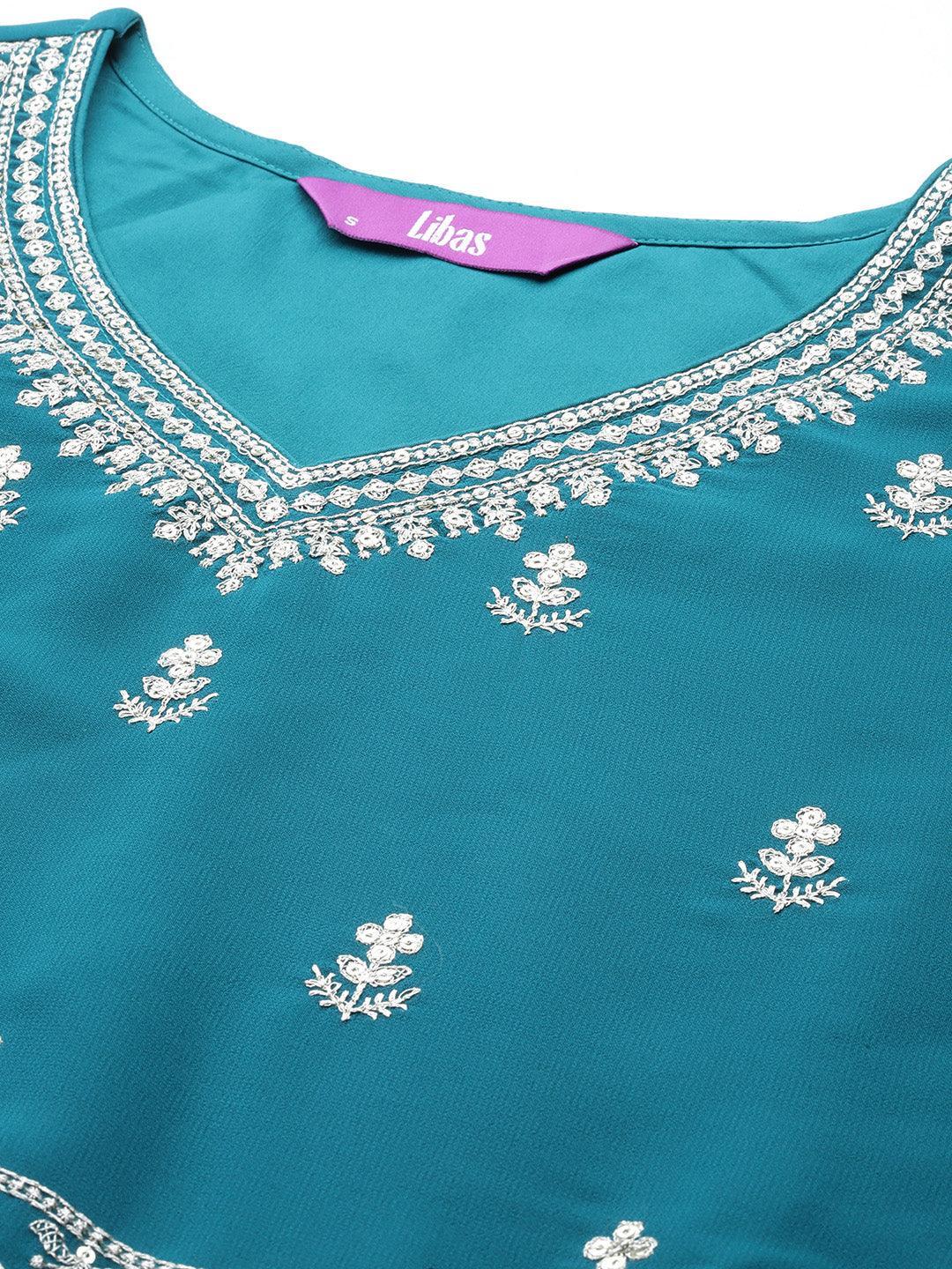 Turquoise Embroidered Georgette A-Line Kurta With Palazzos & Dupatta - Libas 