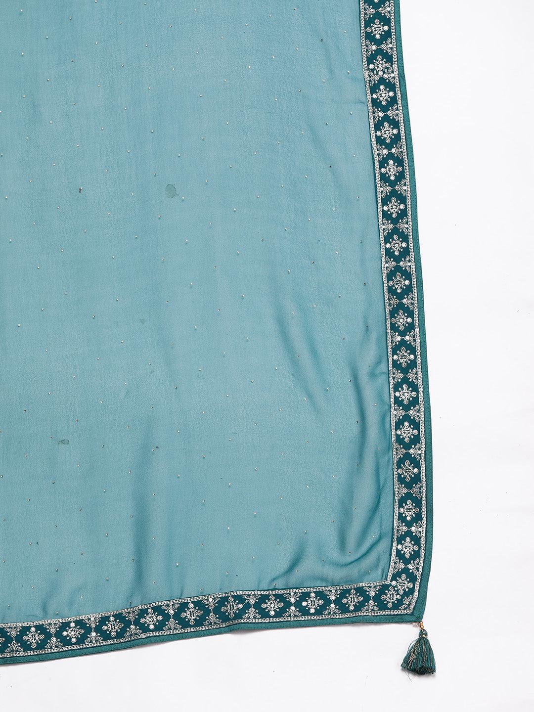 Turquoise Embroidered Georgette A-Line Kurta With Palazzos & Dupatta - Libas