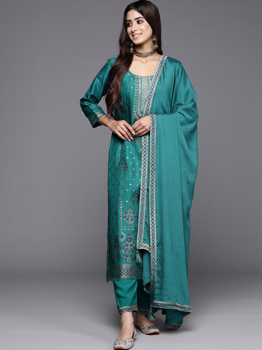 Turquoise Woven Design Silk Blend Straight Kurta With Trousers & Dupatta - Libas 