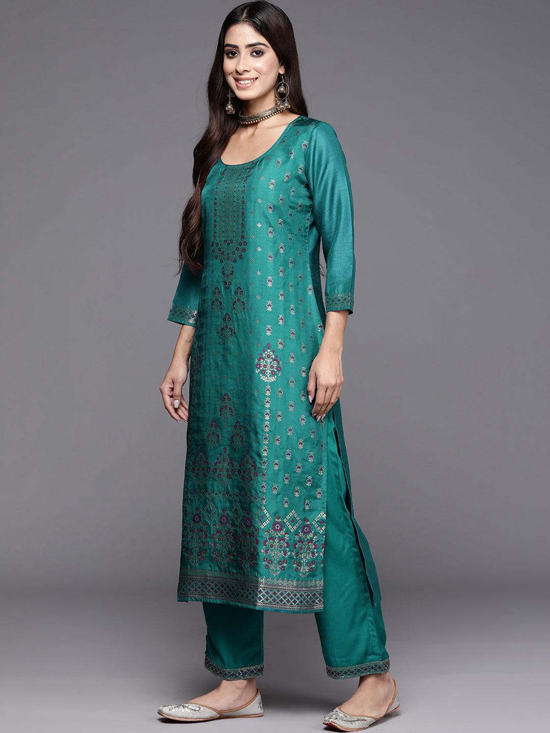 Turquoise Woven Design Silk Blend Straight Kurta With Trousers & Dupatta - Libas