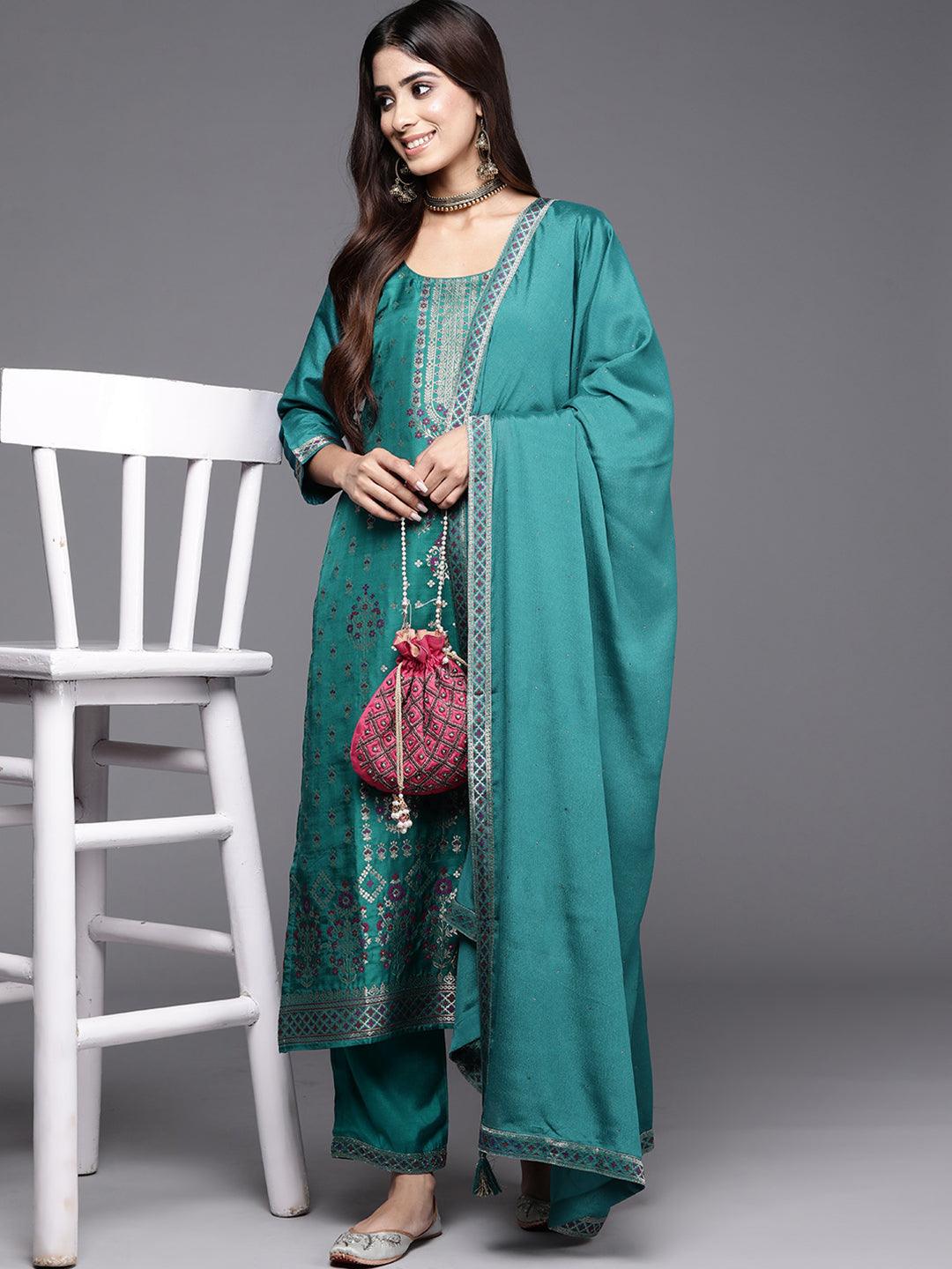 Turquoise Woven Design Silk Blend Straight Kurta With Trousers & Dupatta - Libas 