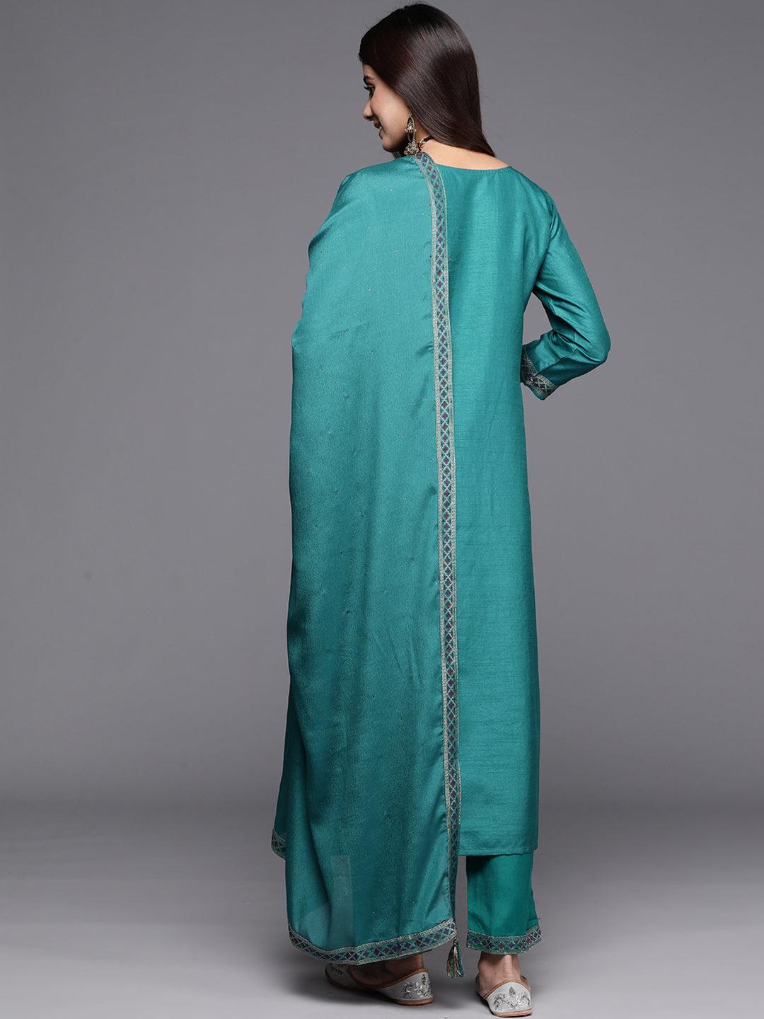 Turquoise Woven Design Silk Blend Straight Kurta With Trousers & Dupatta - Libas