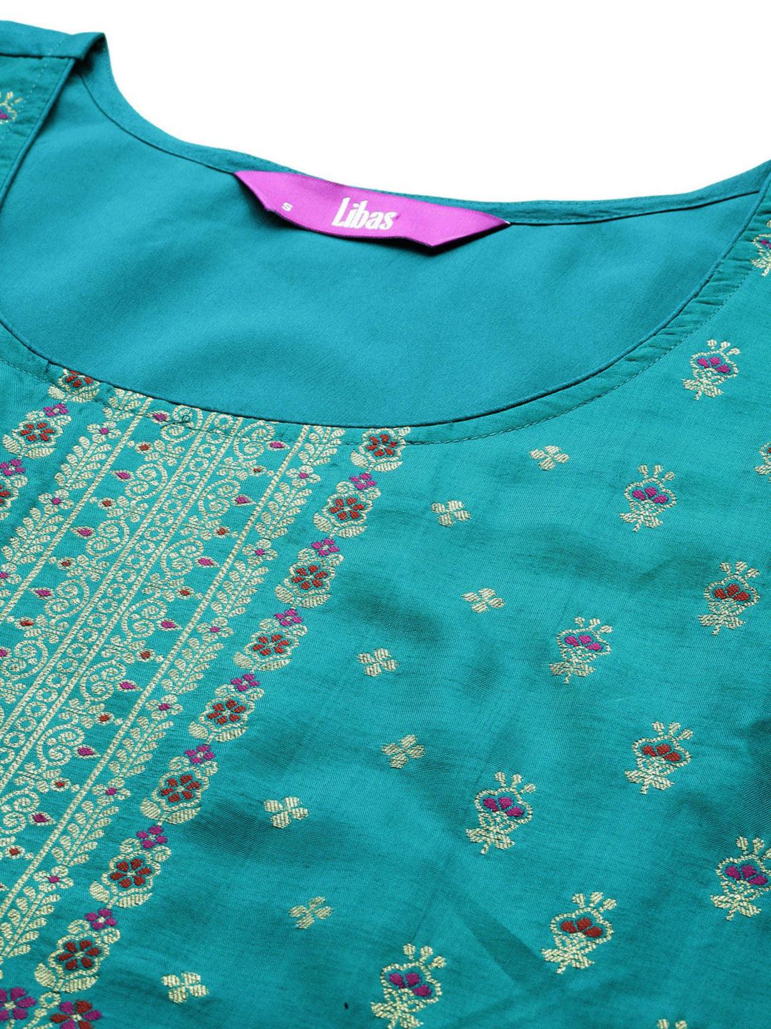 Turquoise Woven Design Silk Blend Straight Kurta With Trousers & Dupatta - Libas