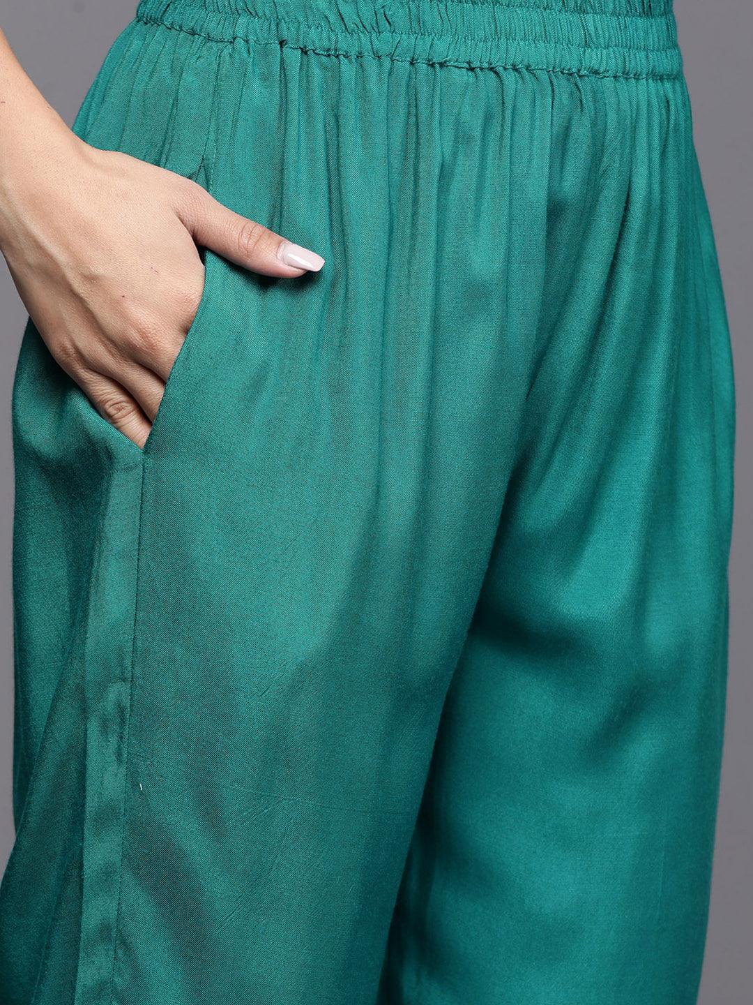 Turquoise Woven Design Silk Blend Straight Kurta With Trousers & Dupatta - Libas