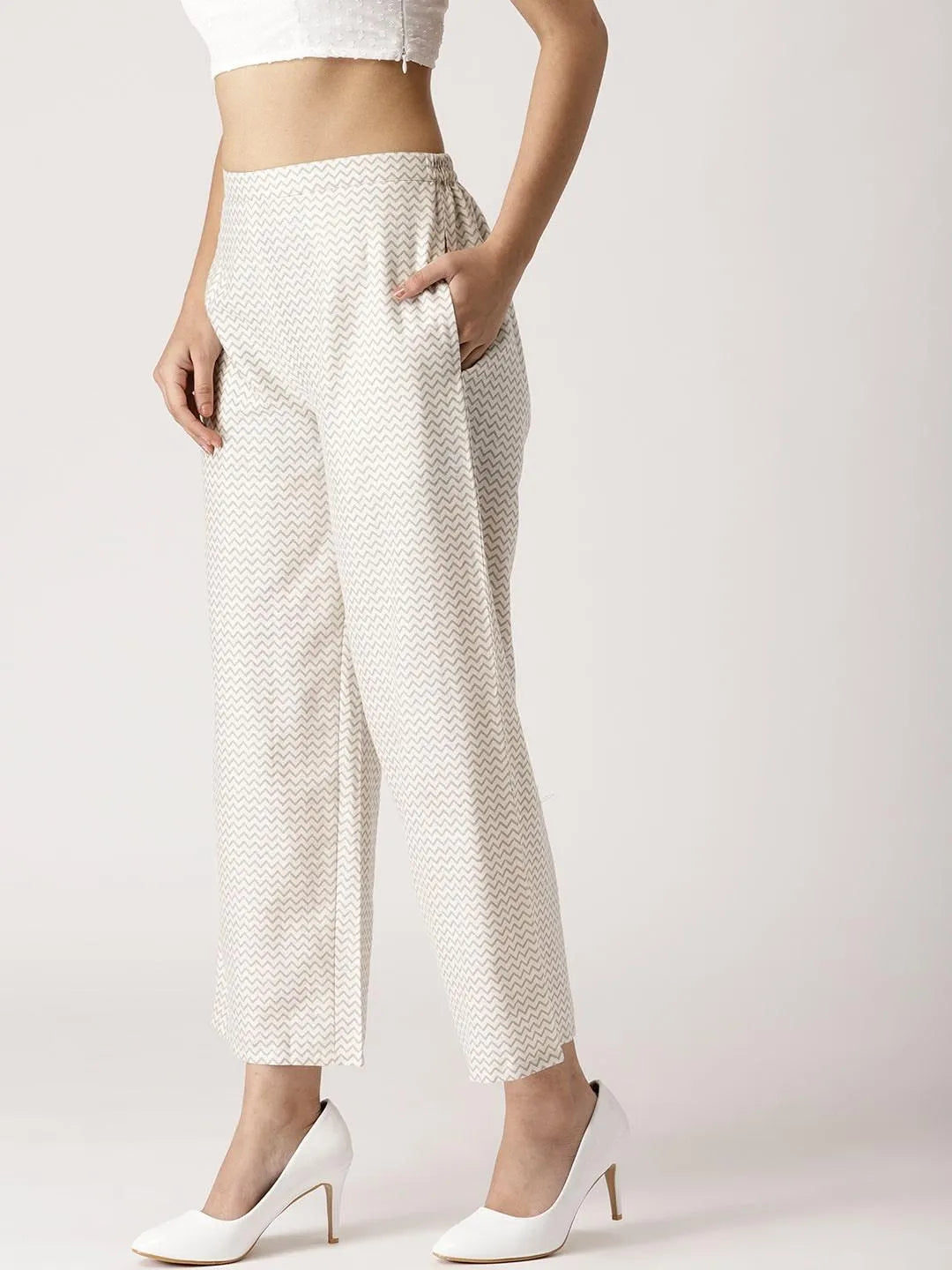 White Abstract Cotton Palazzos - Libas 