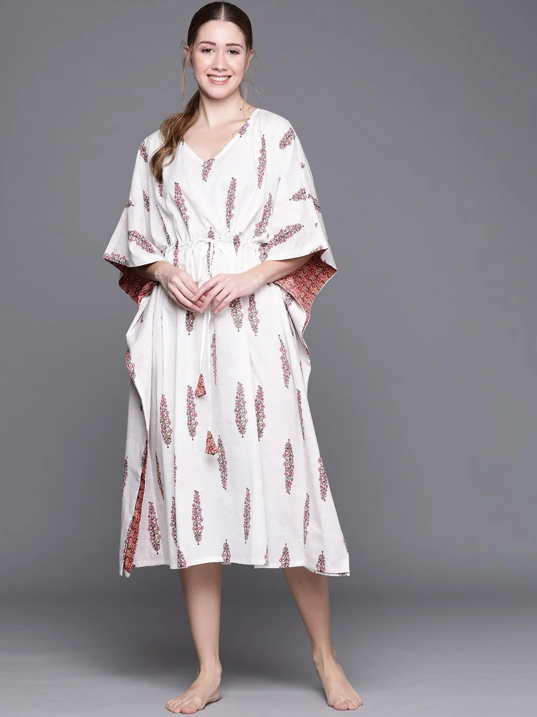 White Cotton Printed Kaftan Nightdress - Libas 