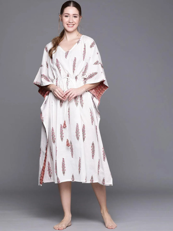 White Cotton Printed Kaftan Nightdress - Libas