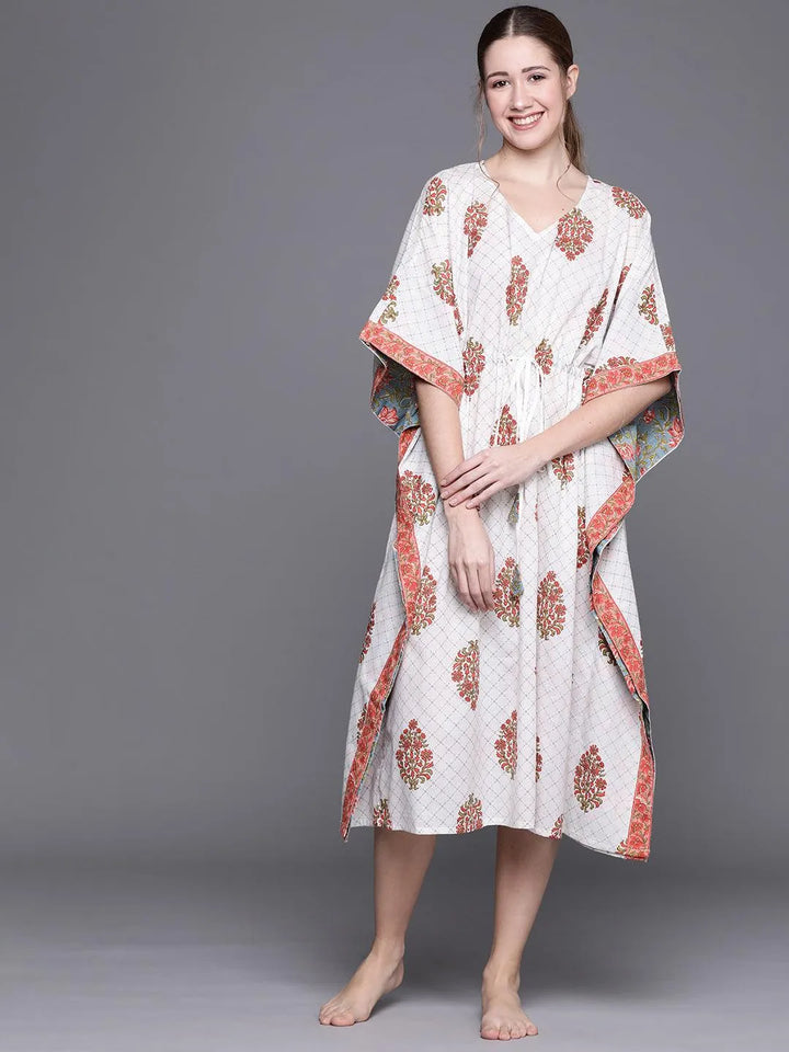 White Cotton Printed Kaftan Nightdress - Libas