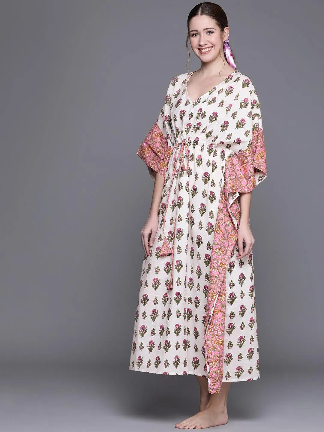 White Cotton Printed Kaftan Nightdress - Libas 