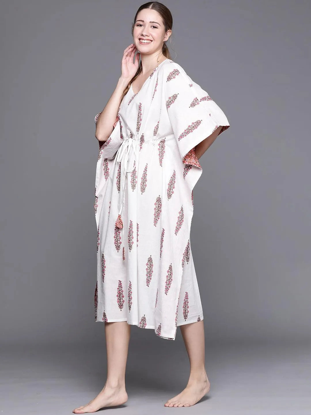 White Cotton Printed Kaftan Nightdress - Libas 