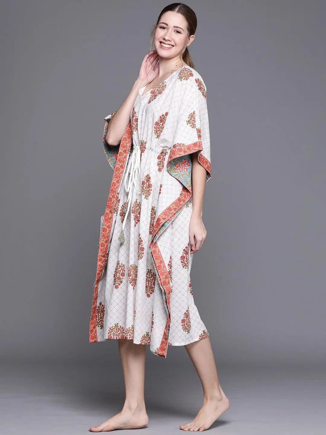 White Cotton Printed Kaftan Nightdress - Libas 