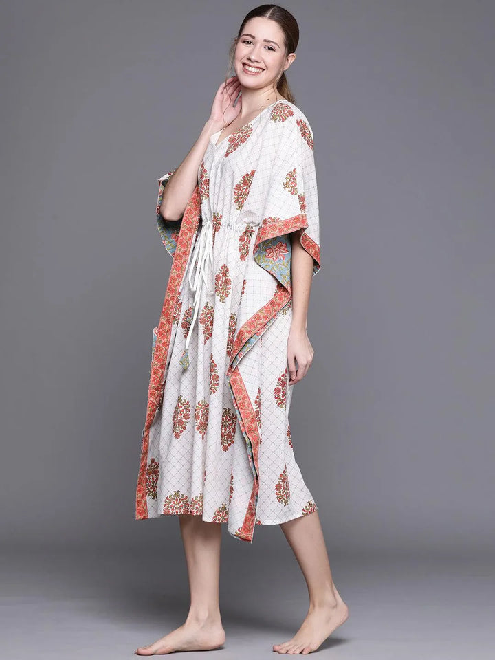 White Cotton Printed Kaftan Nightdress - Libas