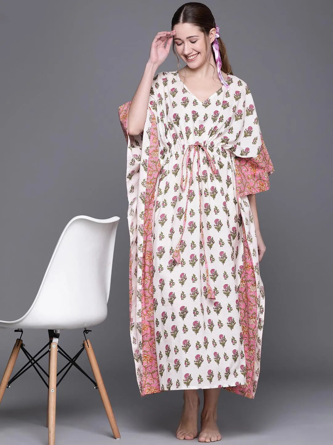 White Cotton Printed Kaftan Nightdress - Libas