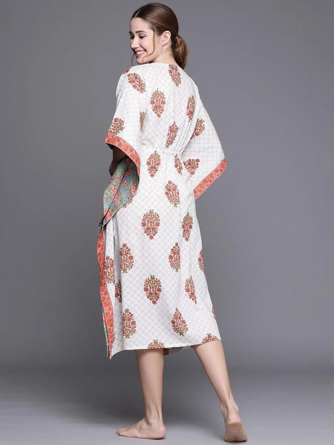 White Cotton Printed Kaftan Nightdress - Libas