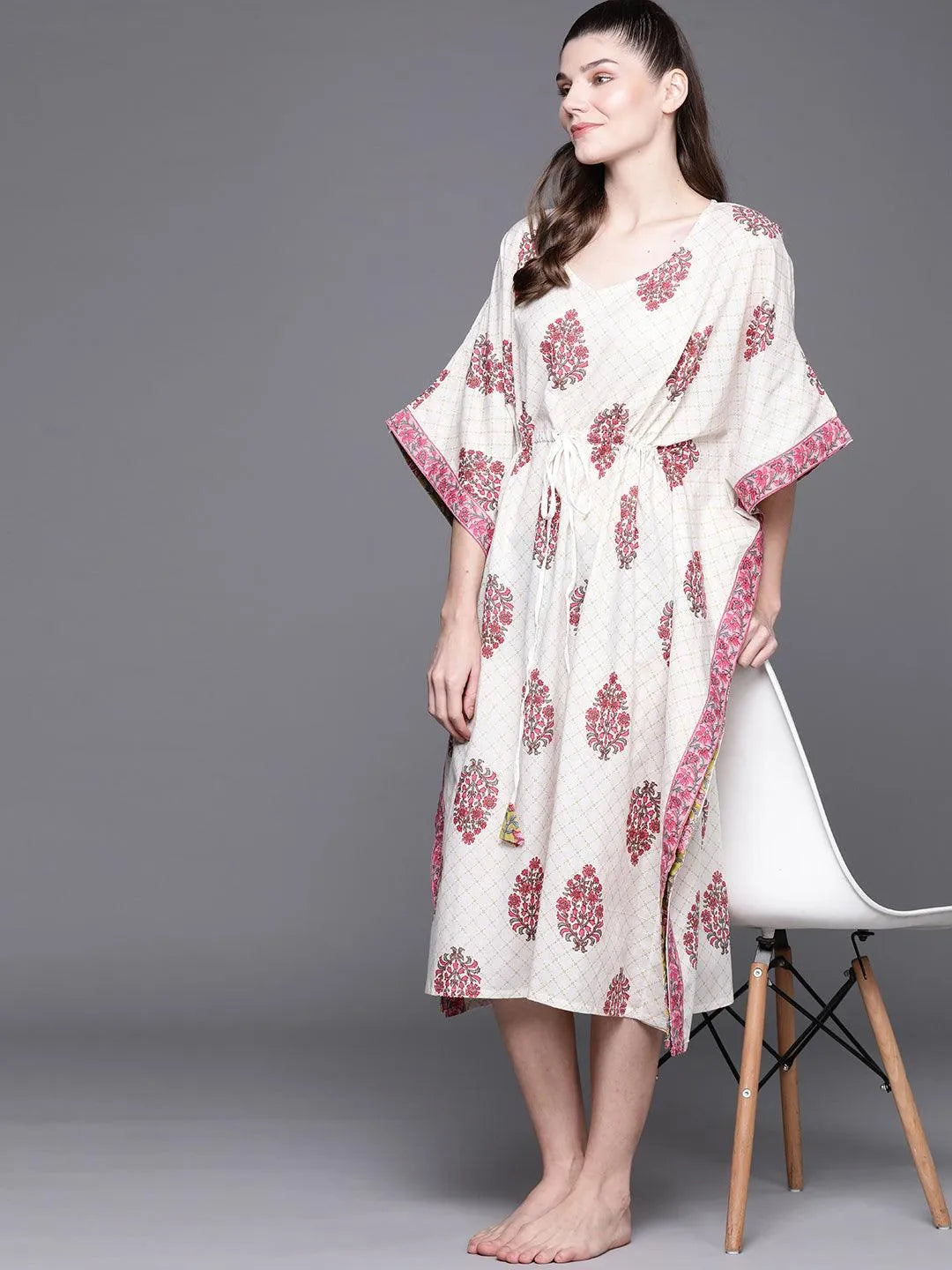 White Cotton Printed Kaftan Nightdress - Libas 