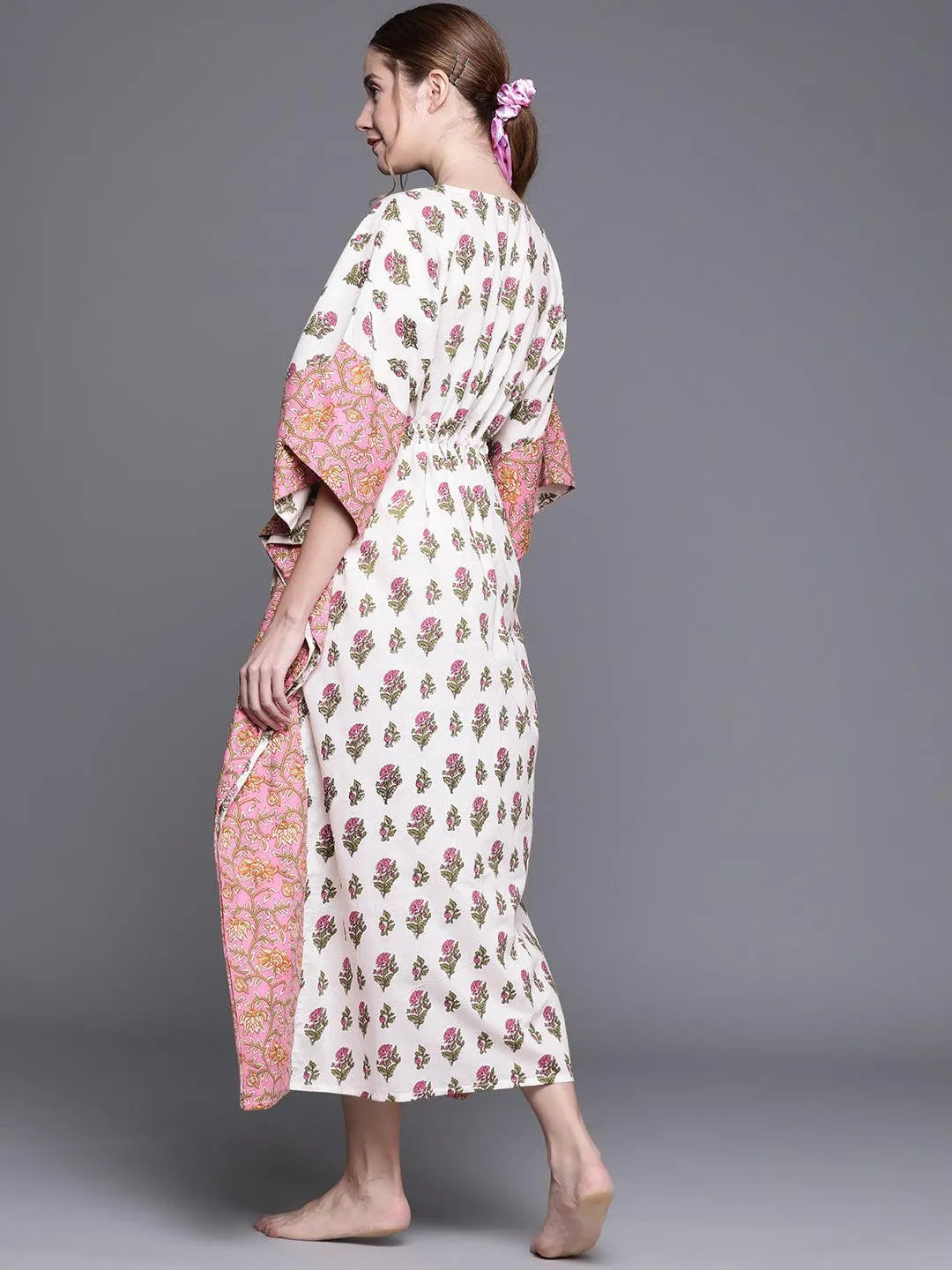 White Cotton Printed Kaftan Nightdress - Libas 