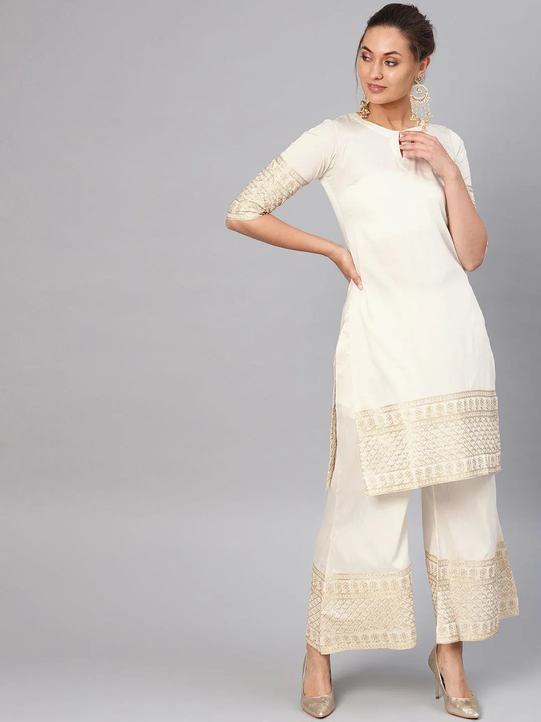 White Embroidered Chanderi Kurta Set - Libas