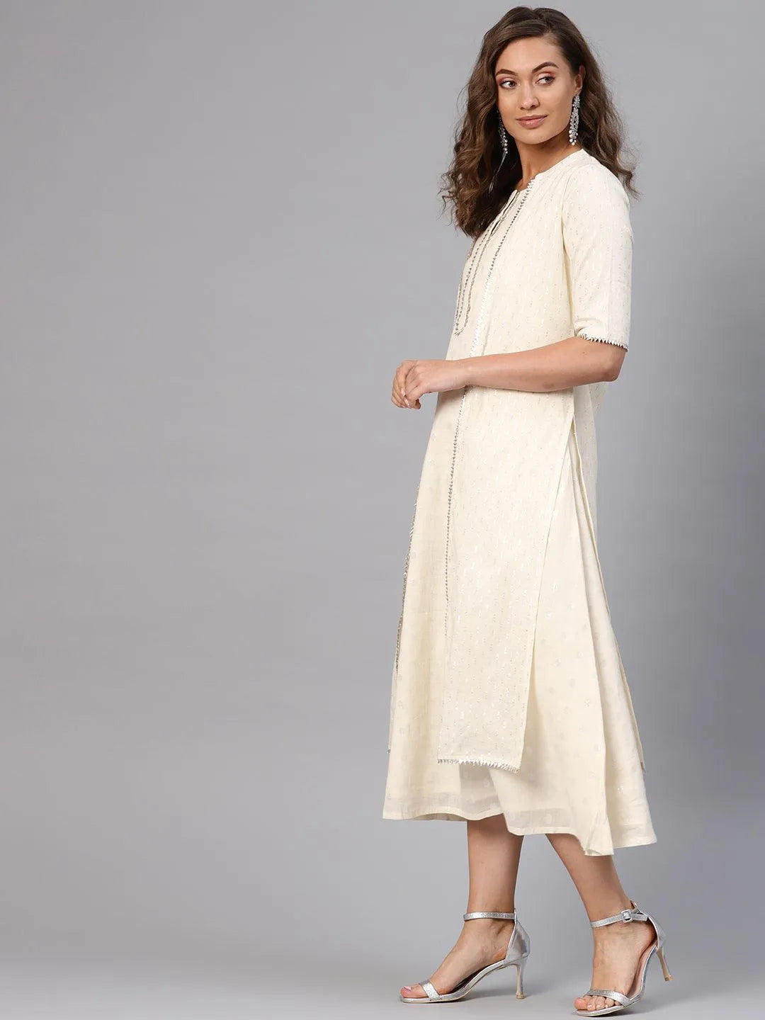 White Embroidered Cotton Dress With Shrug - Libas