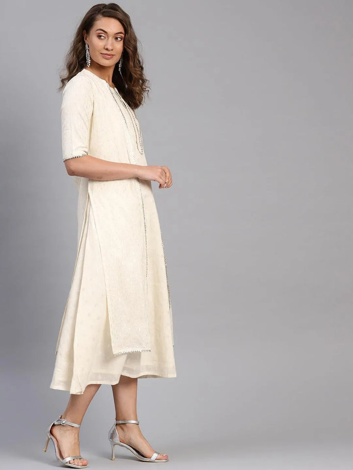 White Embroidered Cotton Dress With Shrug - Libas