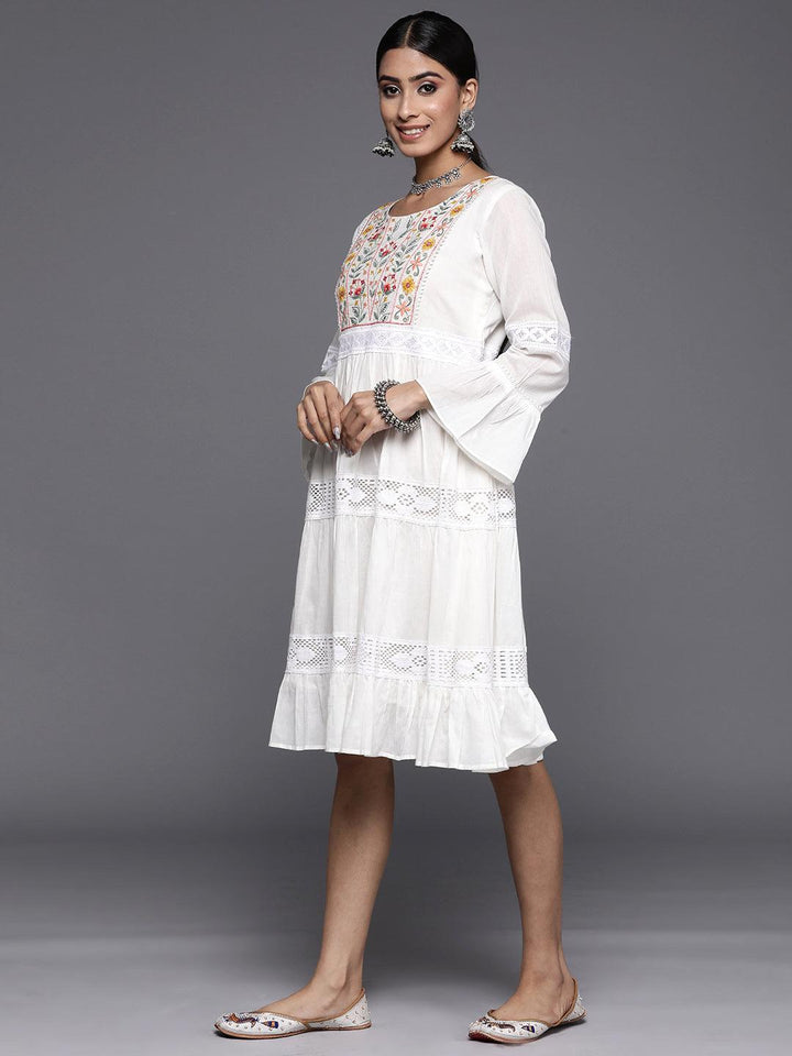 White Embroidered Cotton Fit and Flare Dress - Libas