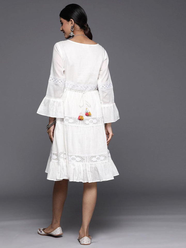 White Embroidered Cotton Fit and Flare Dress - Libas