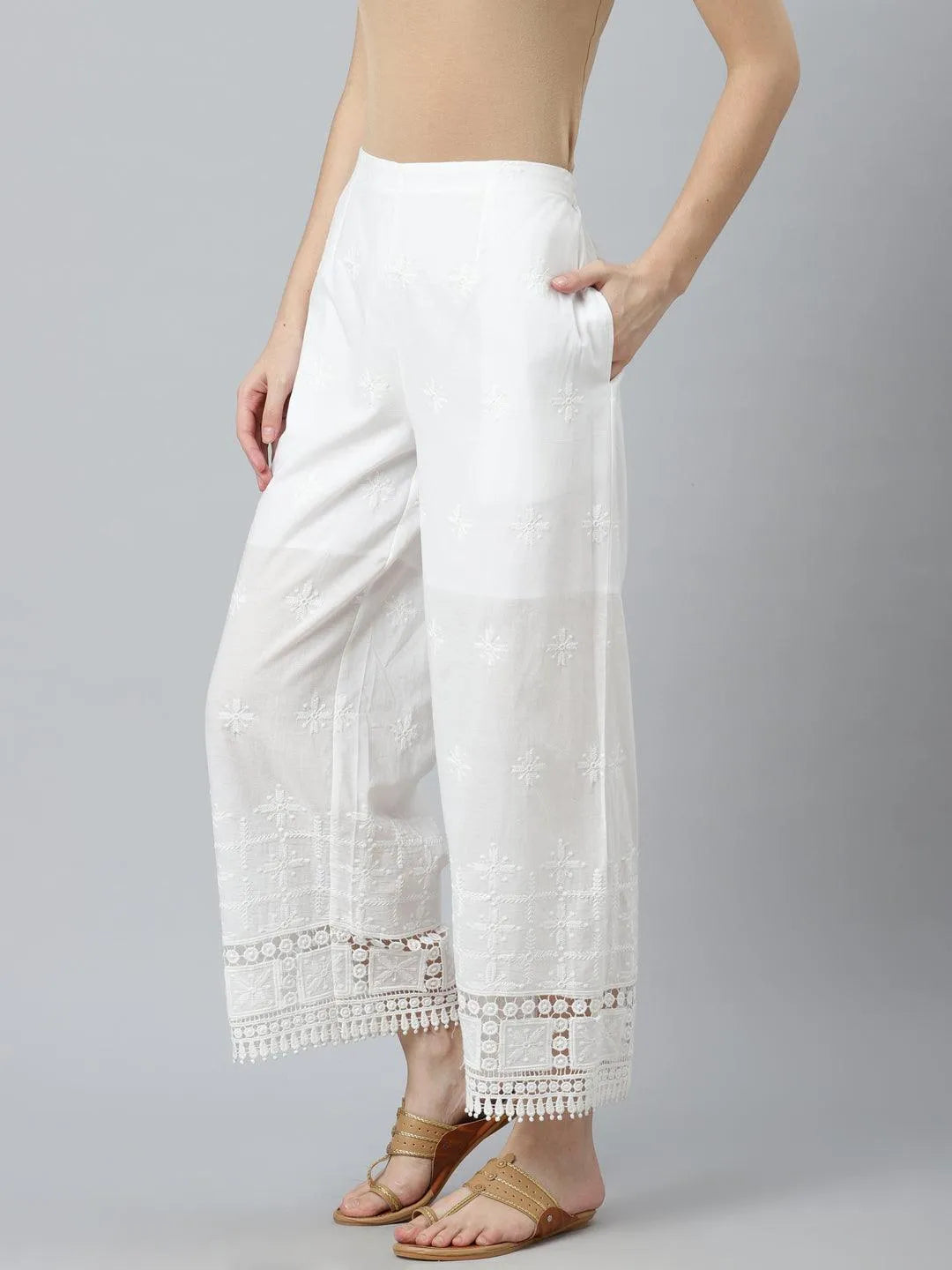 White Embroidered Cotton Palazzos - Libas 