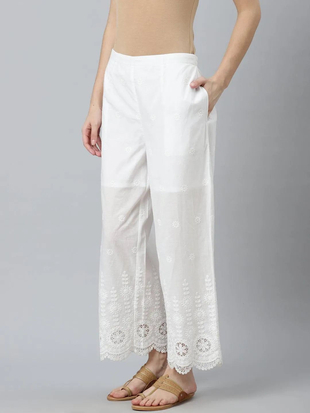 White Embroidered Cotton Palazzos - Libas 