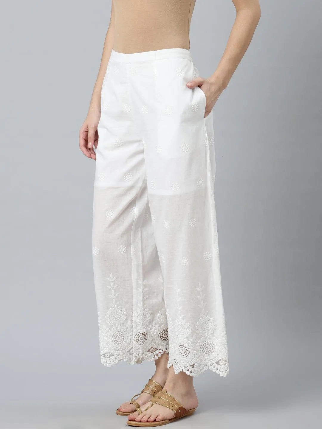 White Embroidered Cotton Palazzos - Libas 