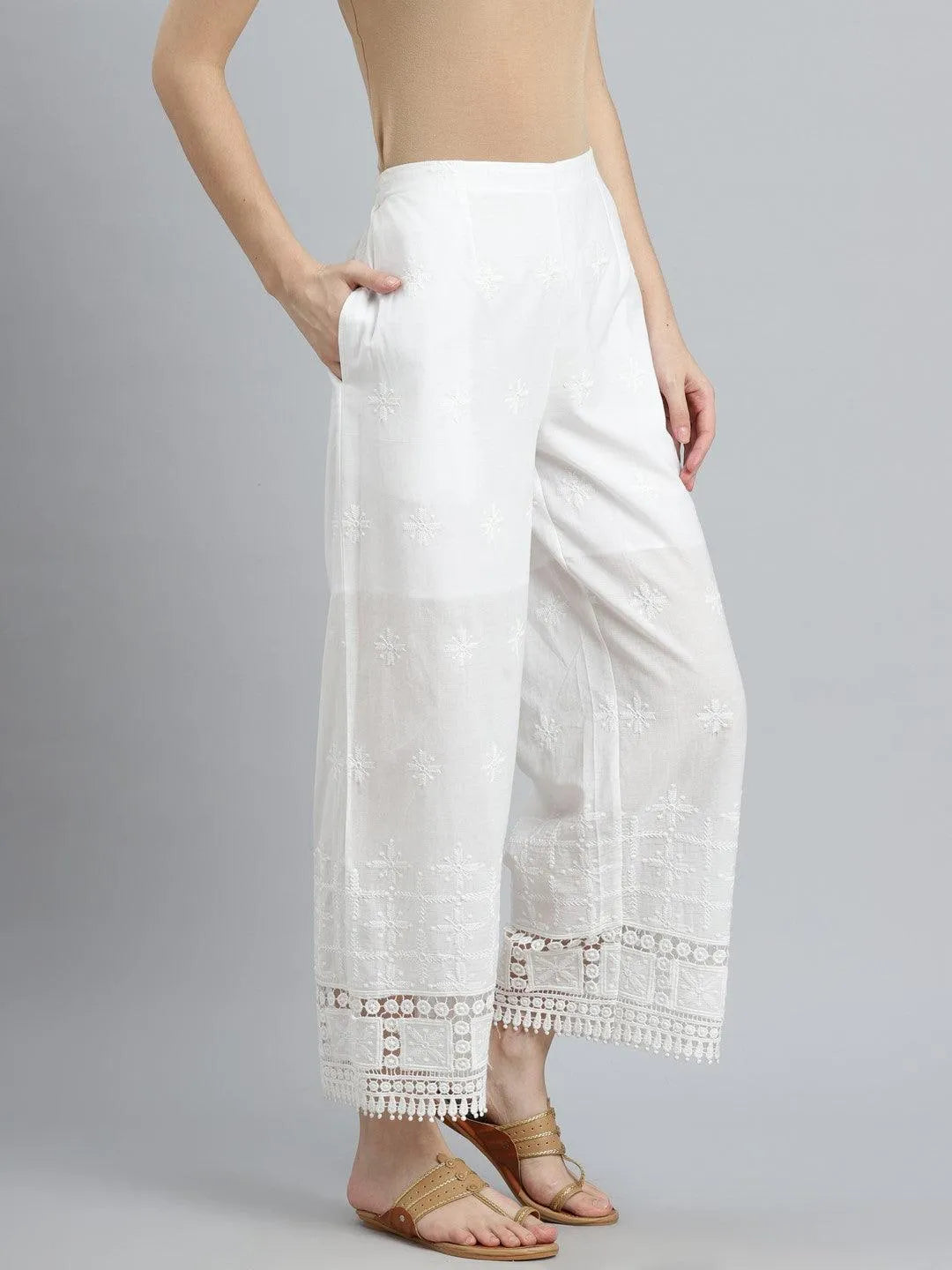 White Embroidered Cotton Palazzos - Libas