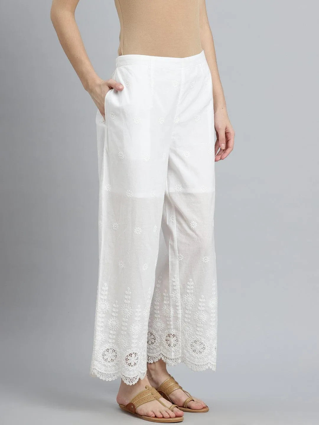 White Embroidered Cotton Palazzos - Libas 