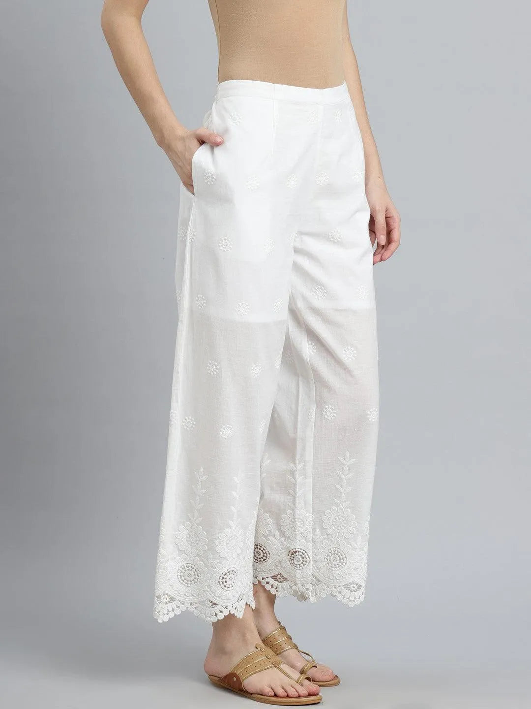 White Embroidered Cotton Palazzos - Libas