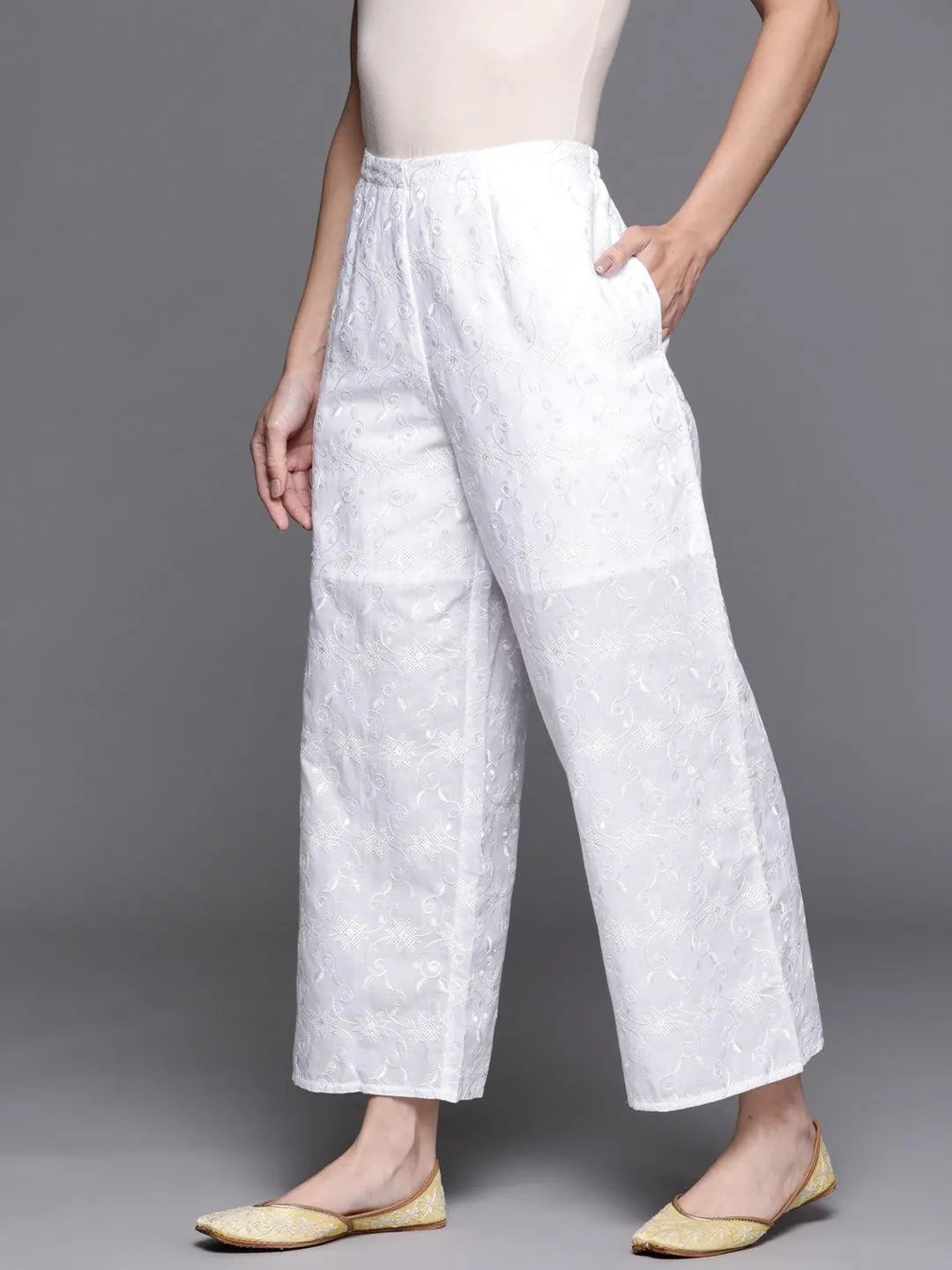 White Embroidered Cotton Palazzos - Libas 