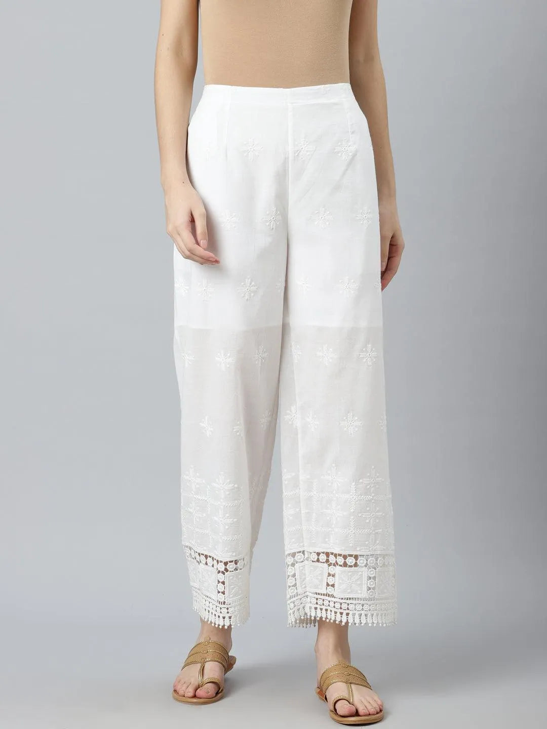 White Embroidered Cotton Palazzos - Libas