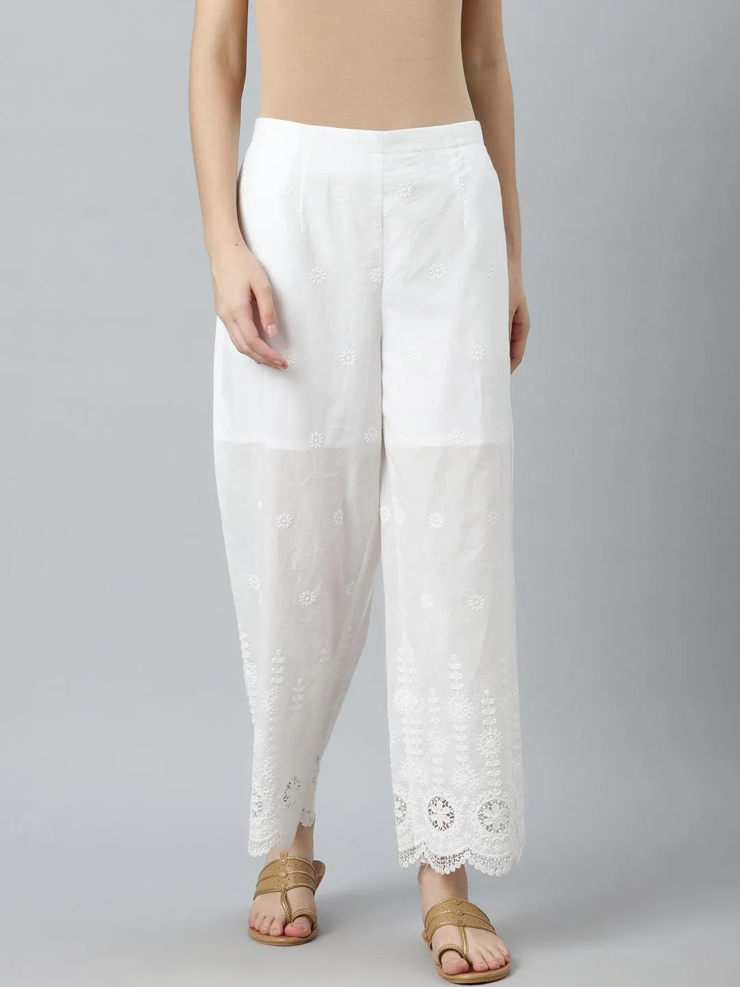 White Embroidered Cotton Palazzos - Libas 