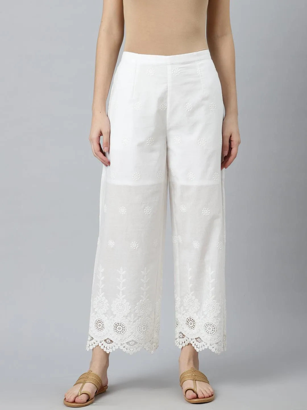 White Embroidered Cotton Palazzos - Libas 