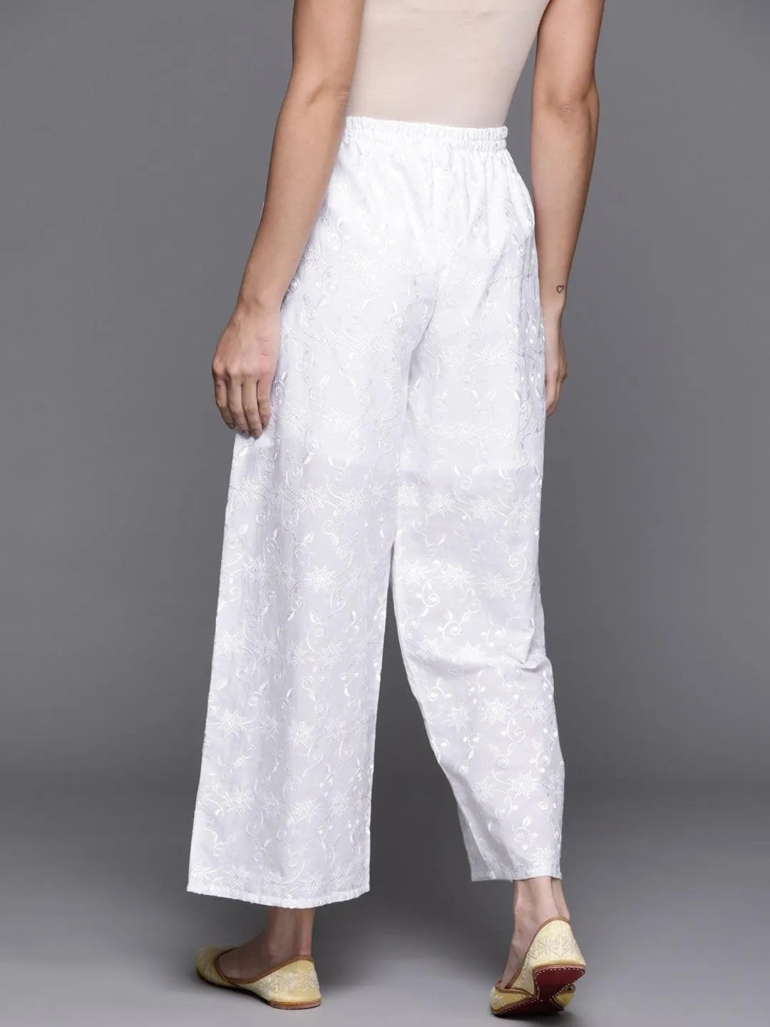 White Embroidered Cotton Palazzos - Libas 