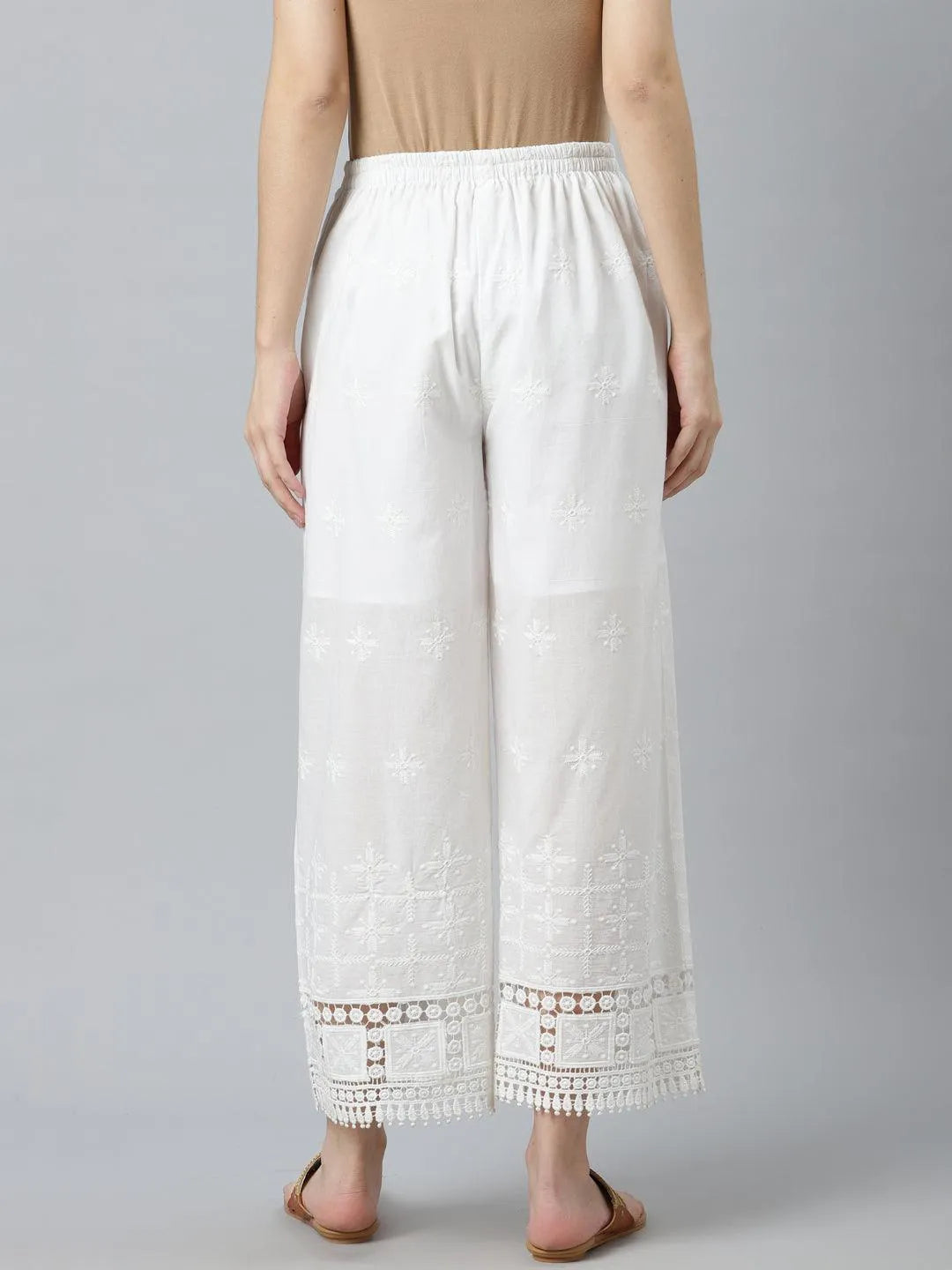 White Embroidered Cotton Palazzos - Libas