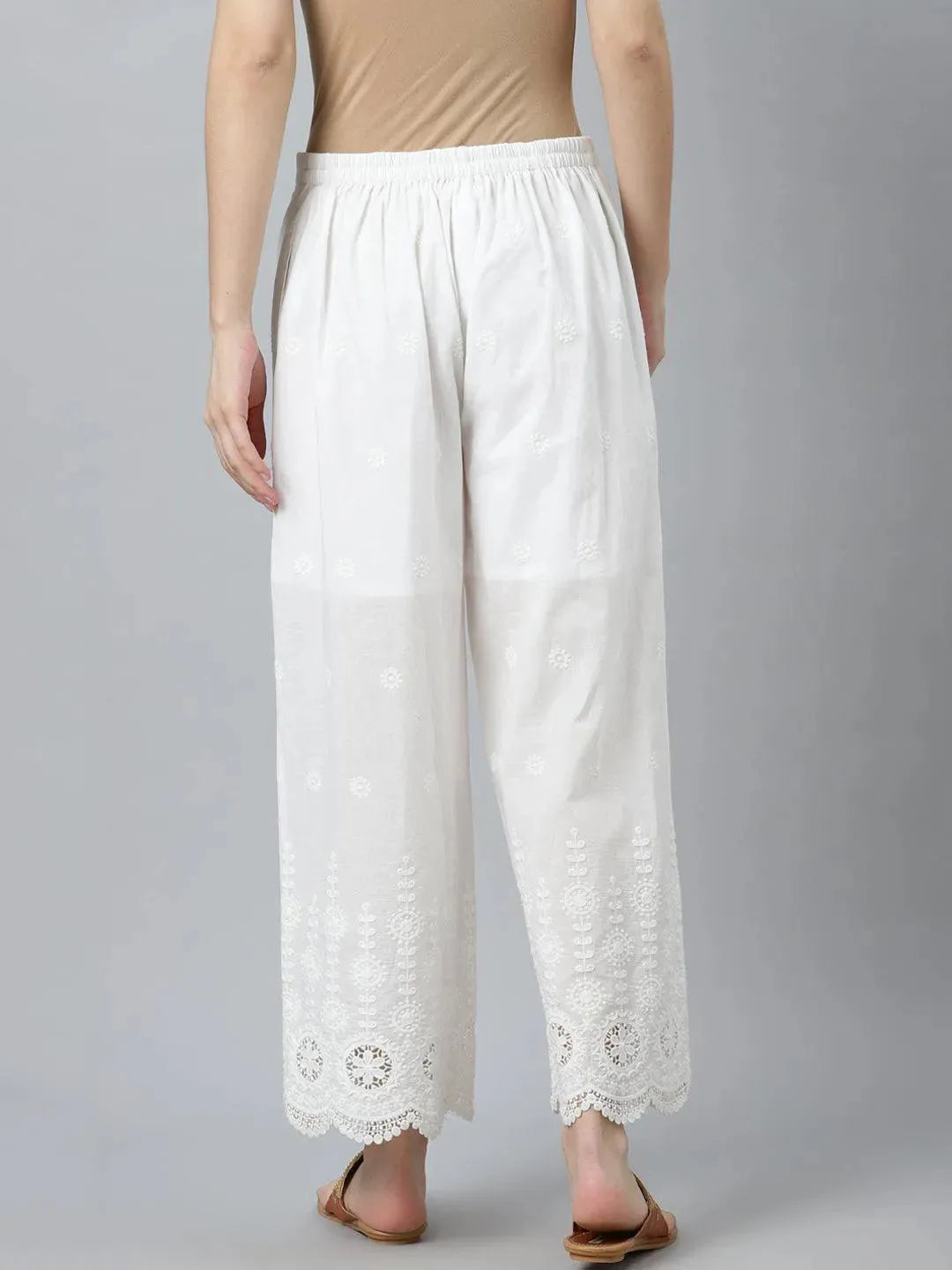 White Embroidered Cotton Palazzos - Libas 