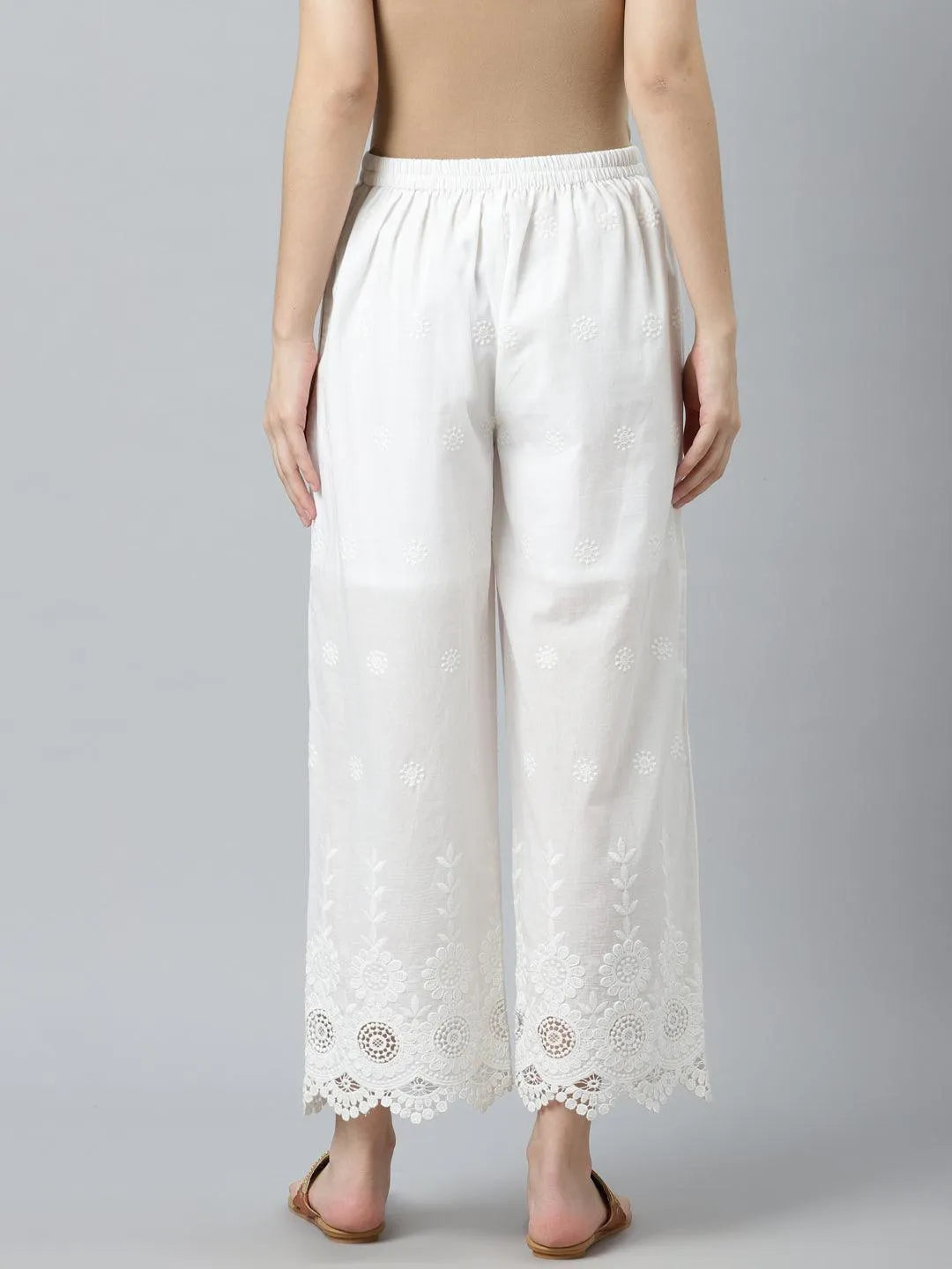 White Embroidered Cotton Palazzos - Libas 