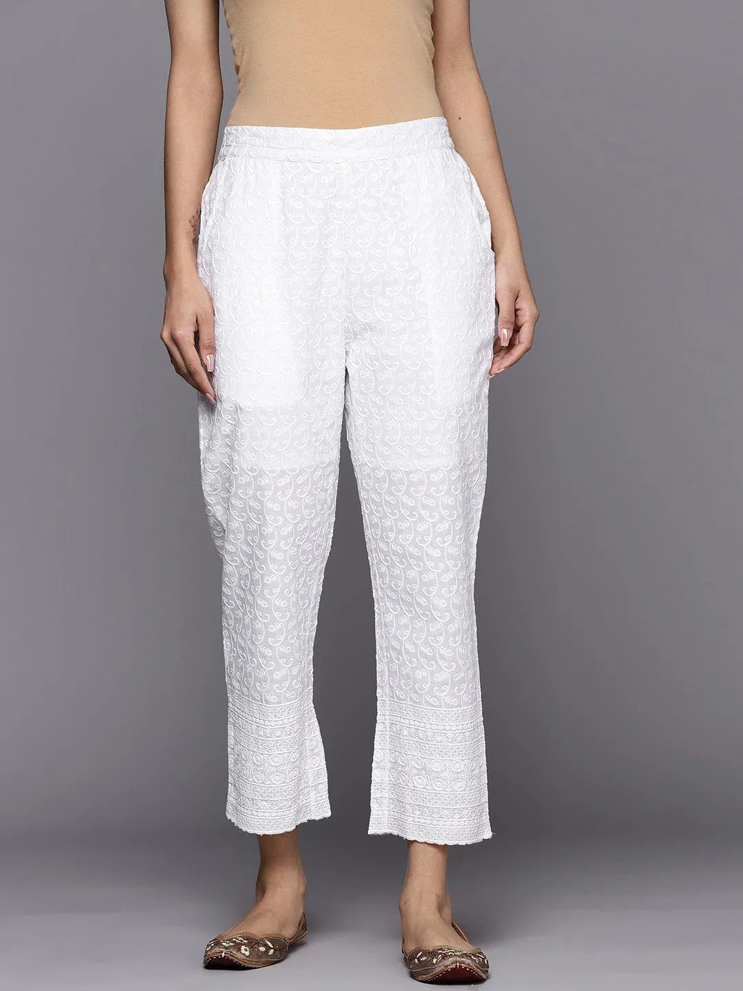 White Embroidered Cotton Trousers - Libas 