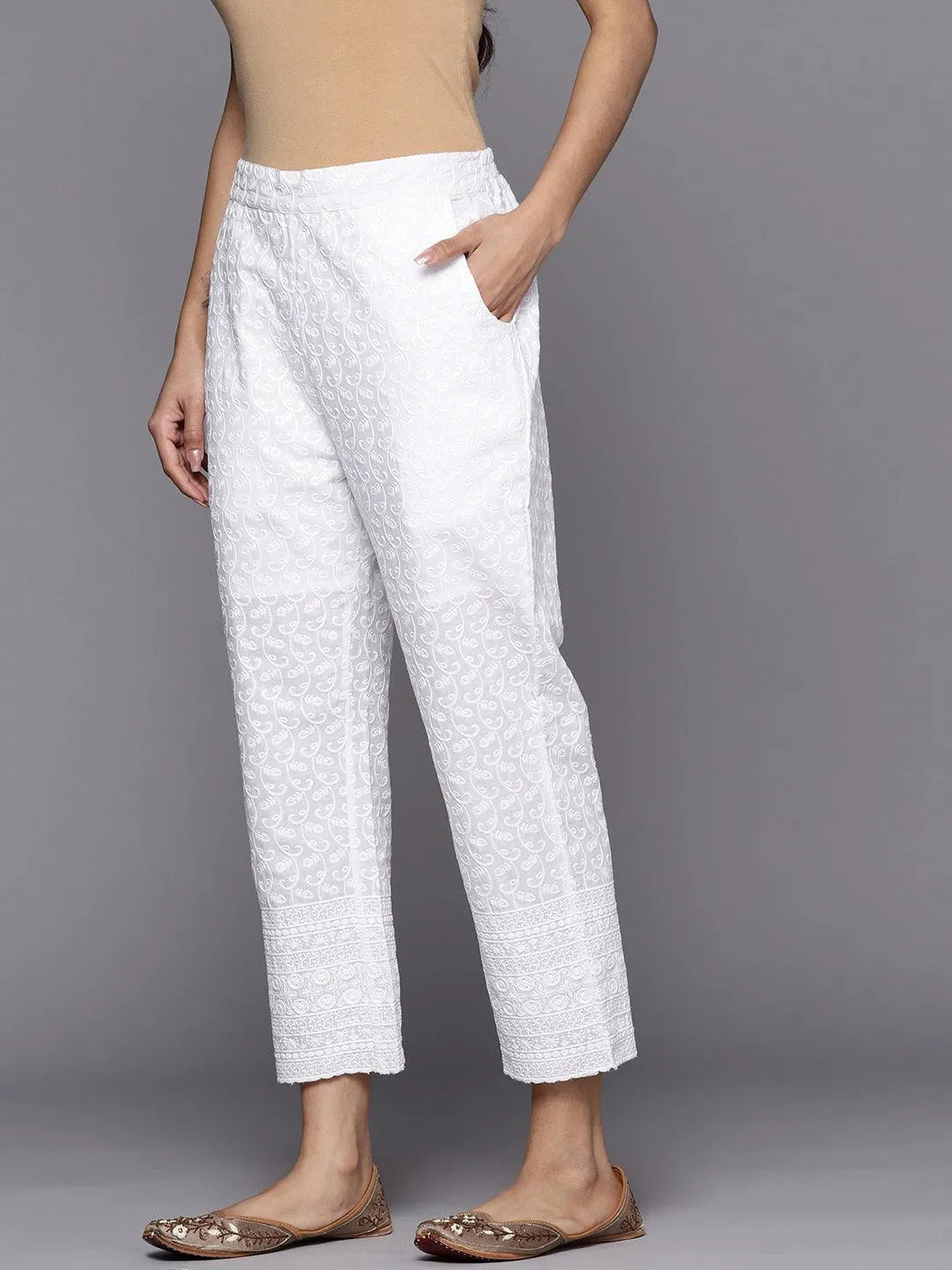 White Embroidered Cotton Trousers - Libas 