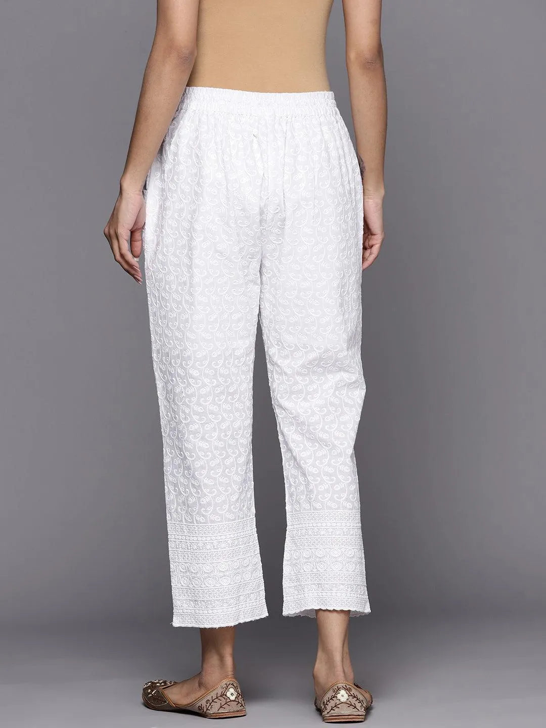 White Embroidered Cotton Trousers - Libas 