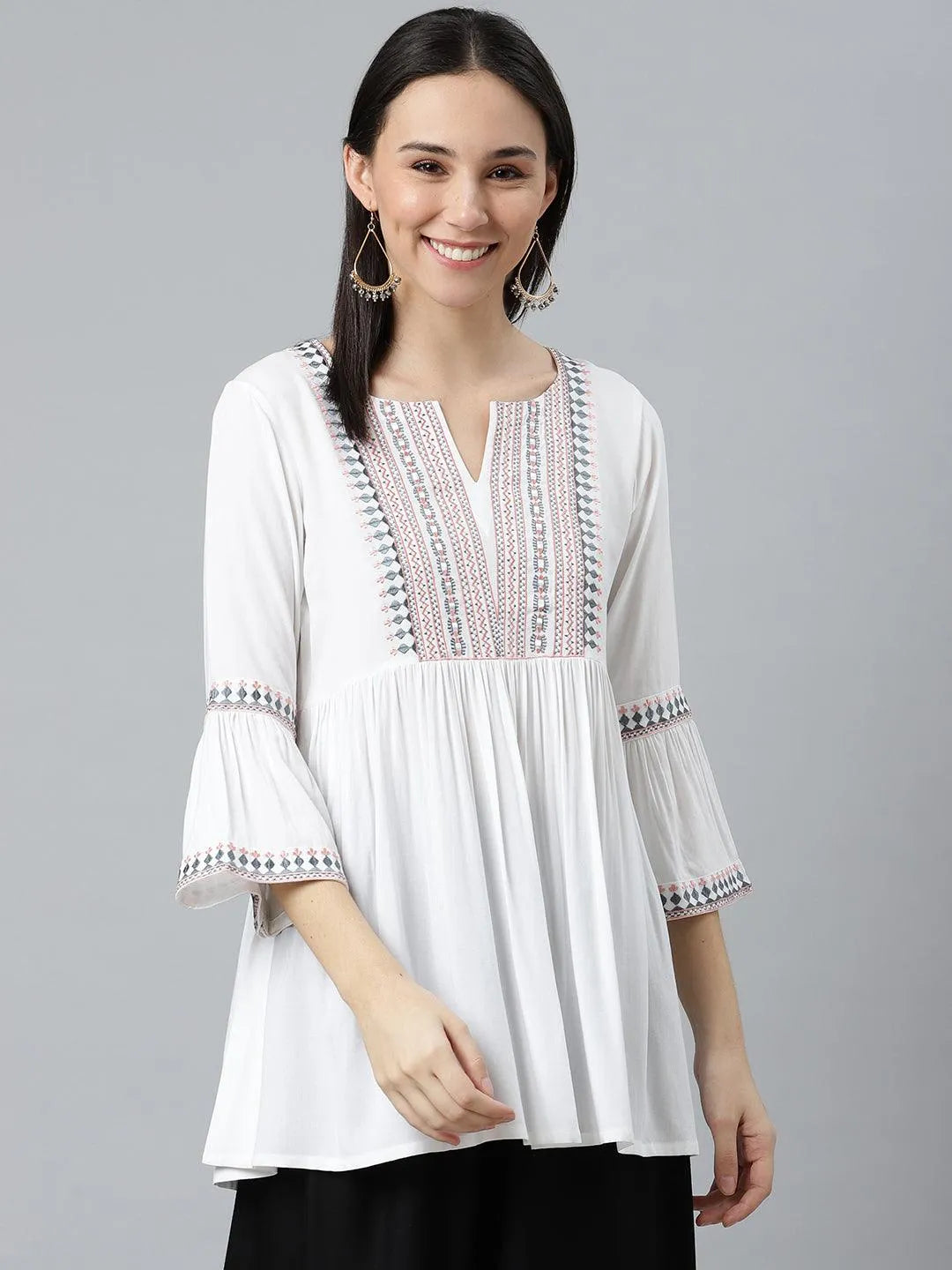 White Embroidered Rayon Kurti - Libas