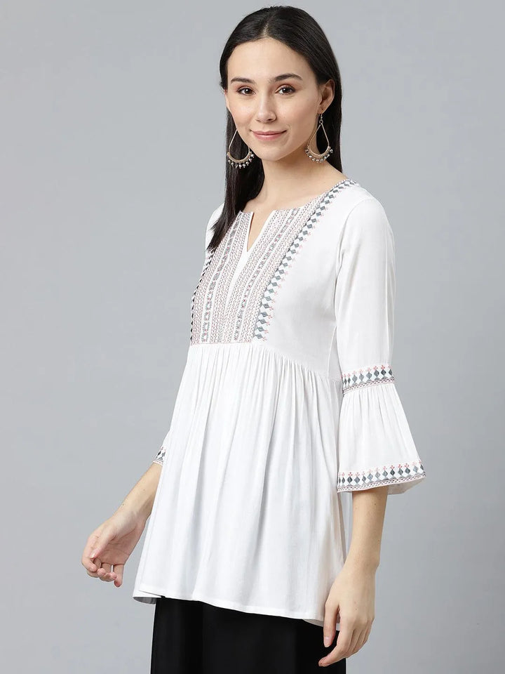 White Embroidered Rayon Kurti - Libas