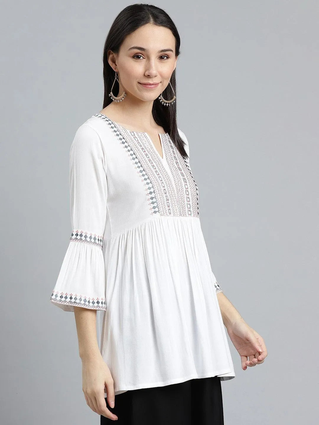 White Embroidered Rayon Kurti - Libas