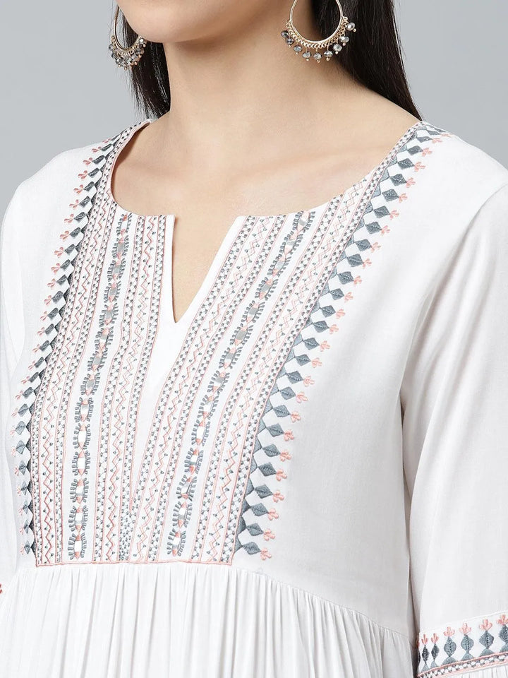 White Embroidered Rayon Kurti - Libas