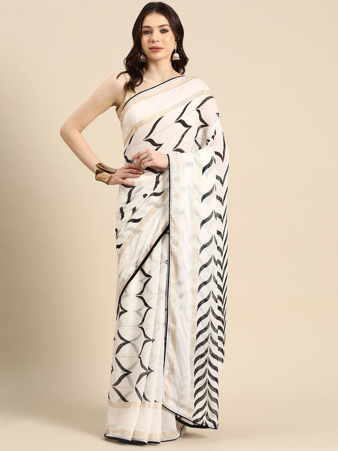 White Printed Chiffon Saree - Libas 