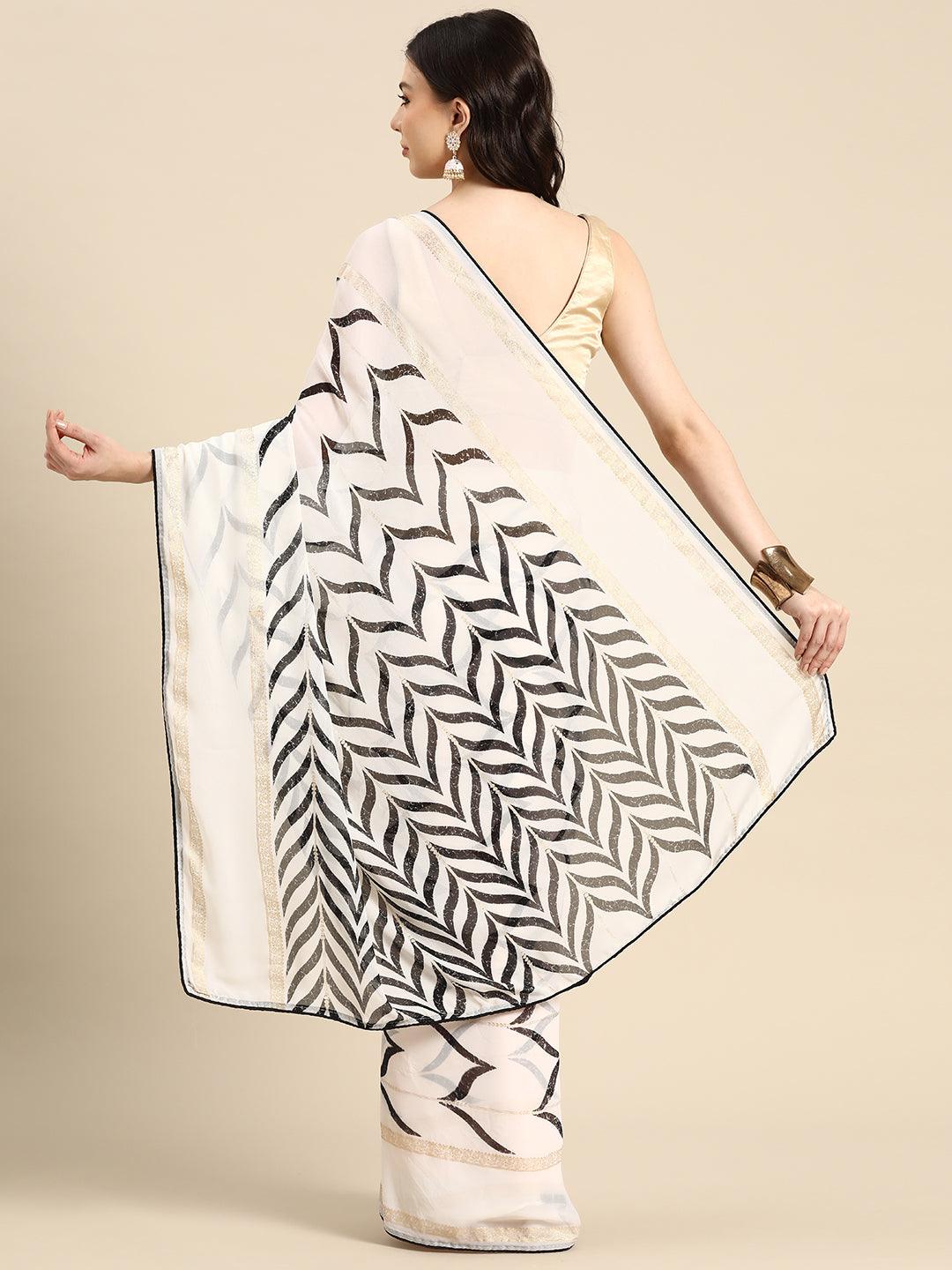 White Printed Chiffon Saree - Libas